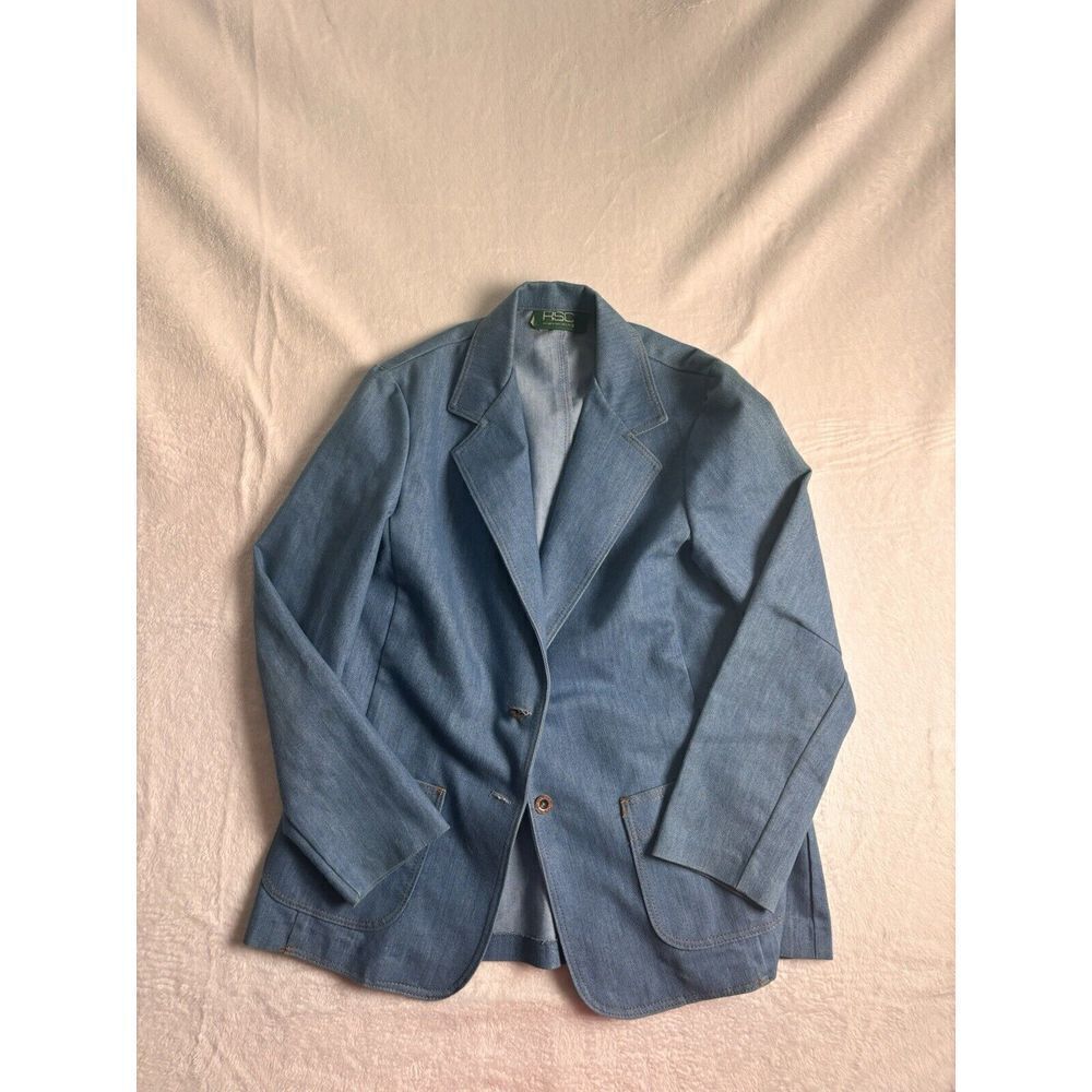 Vintage 80's RSC‎ Women's Blue Denim Blazer Large Has Stain Chore Jacket *